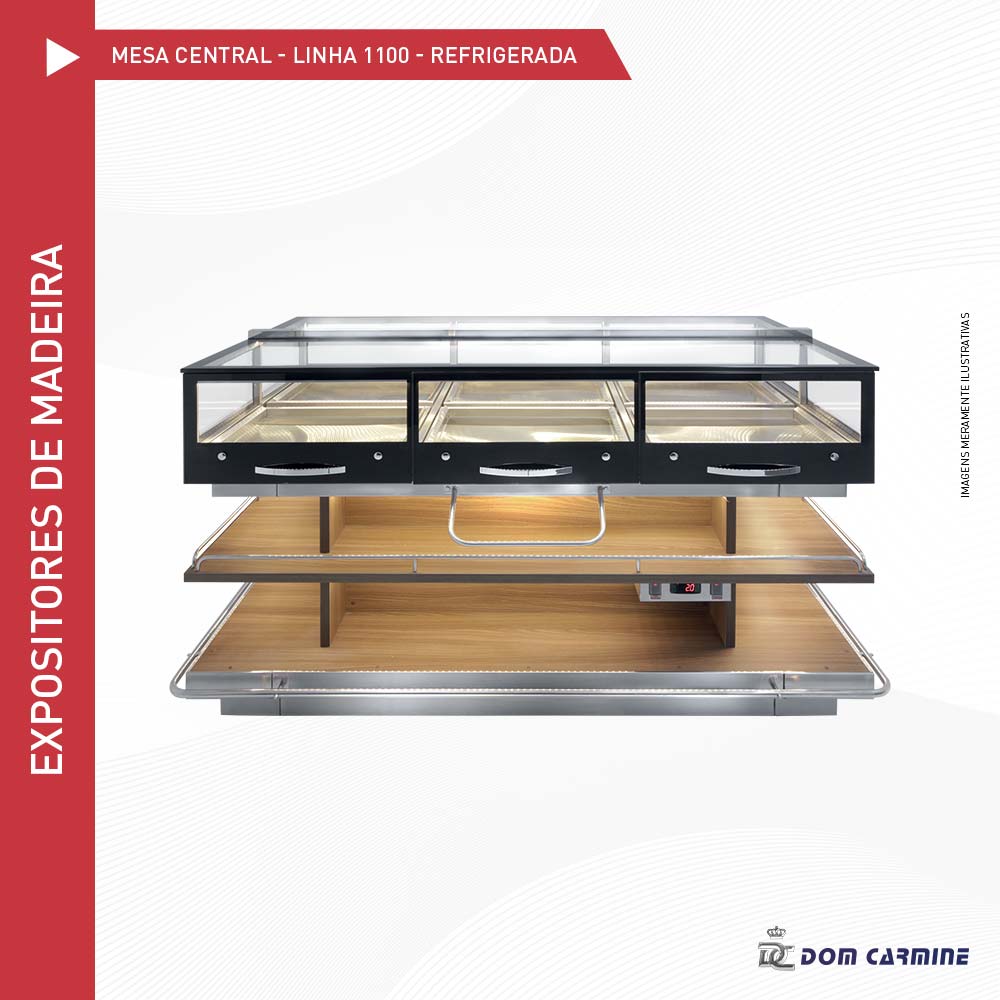 Expositores inox MESA CENTRAL LINHA 1100 REFRIGERADA dom carmine padarias lanchonetes refrigeracao industrial refrigeracao comercial cozinha industrial inox domni solucoes empresariais